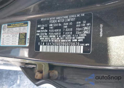 2011 Hyundai Santa Fe Limited V6 z USA, uszkodzony, nr VIN 5XYZKDAG3BG073879